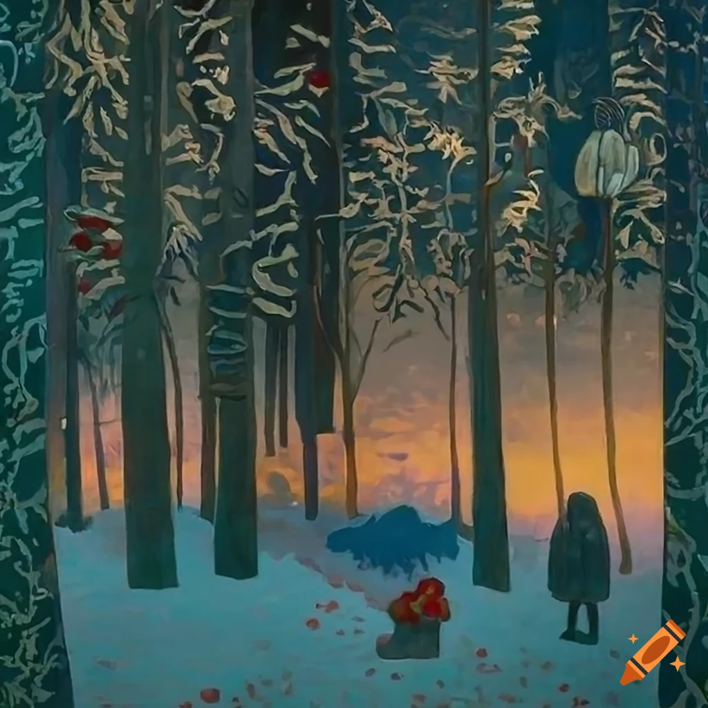 festive Christmas forest scene with Native Salish and Russian fairytale motifs