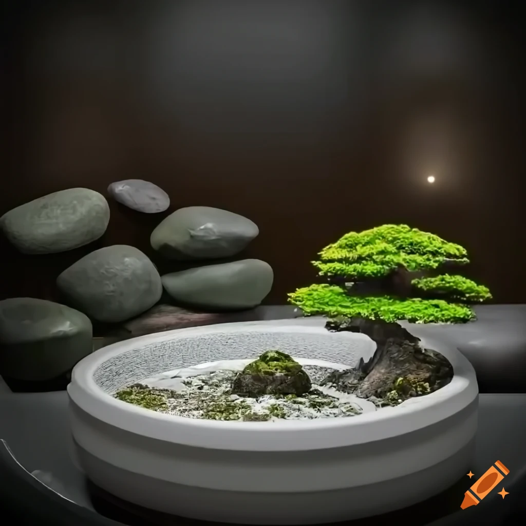 minimalist room with bonsai trees and small river fountain