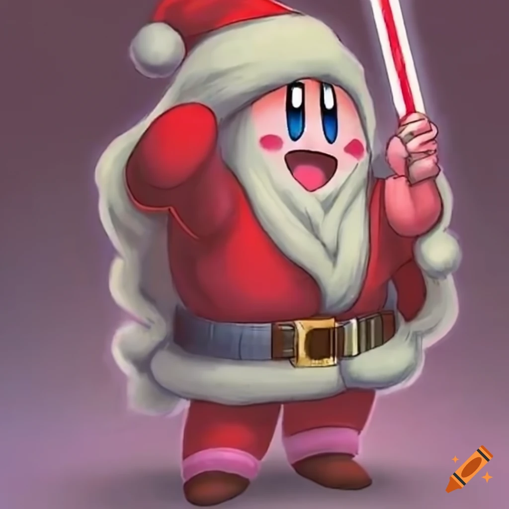 Kirby jedi santa with candy cane lightsaber on Craiyon