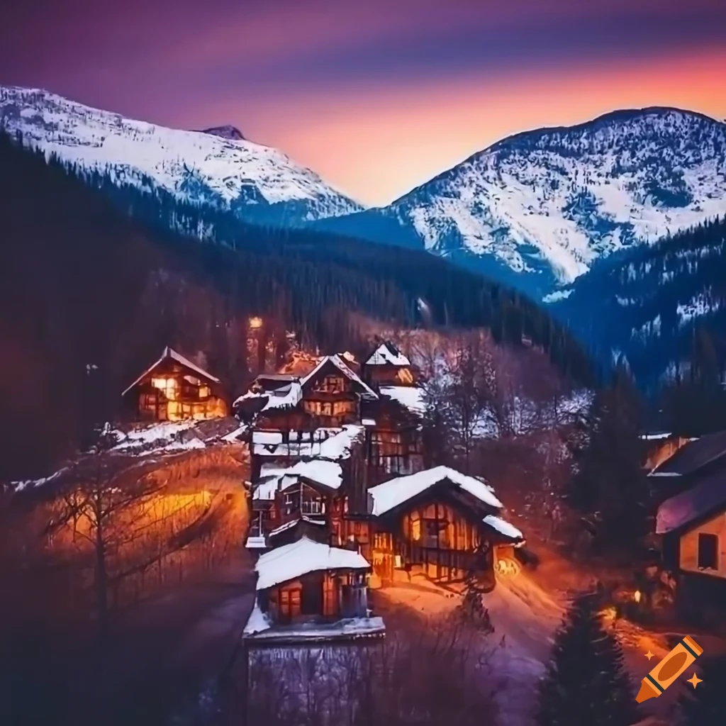 Sunset view of a cozy village in the mountains