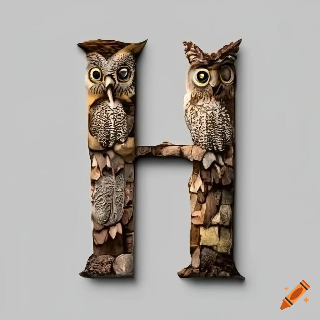 ultra-realistic stone letter "M" with engravings of owls