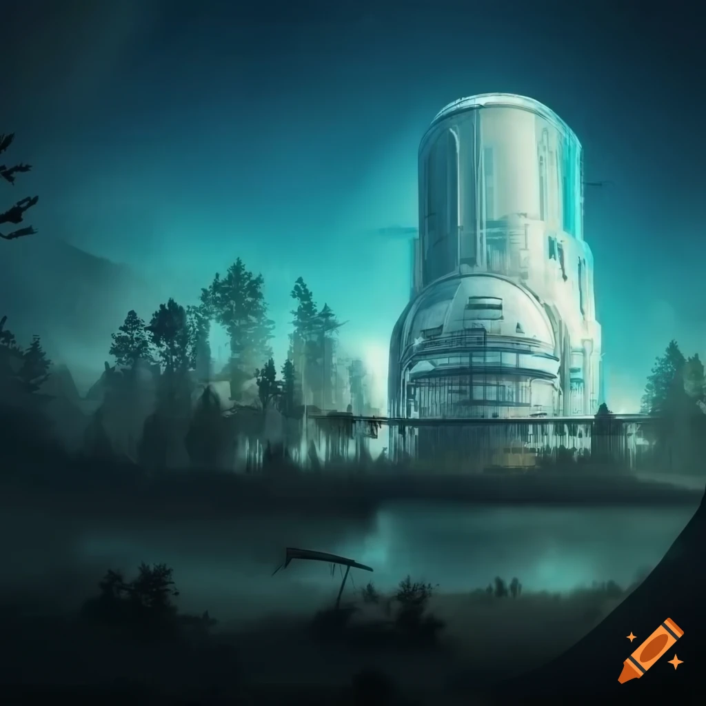 Detailed scifi research facility in an alien forest