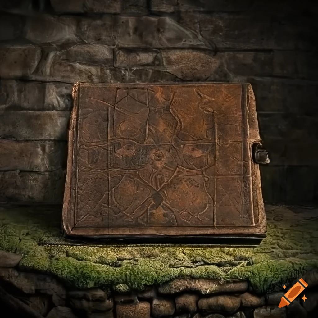 photo of a leather book in a medieval cellar