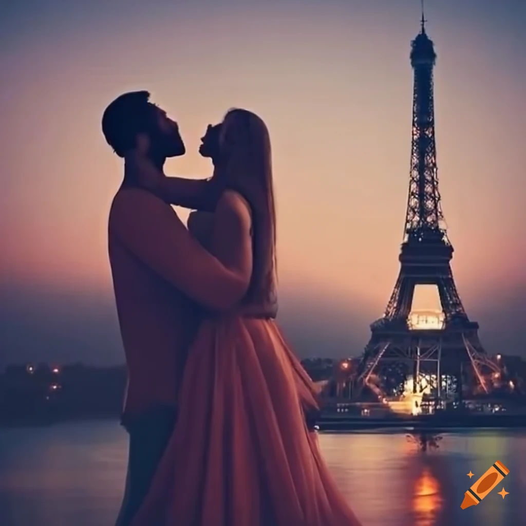 Couple Kissing In Front Of Eiffel Tower