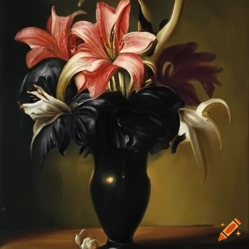 Baroque oil painting of black lilies in a vase on Craiyon