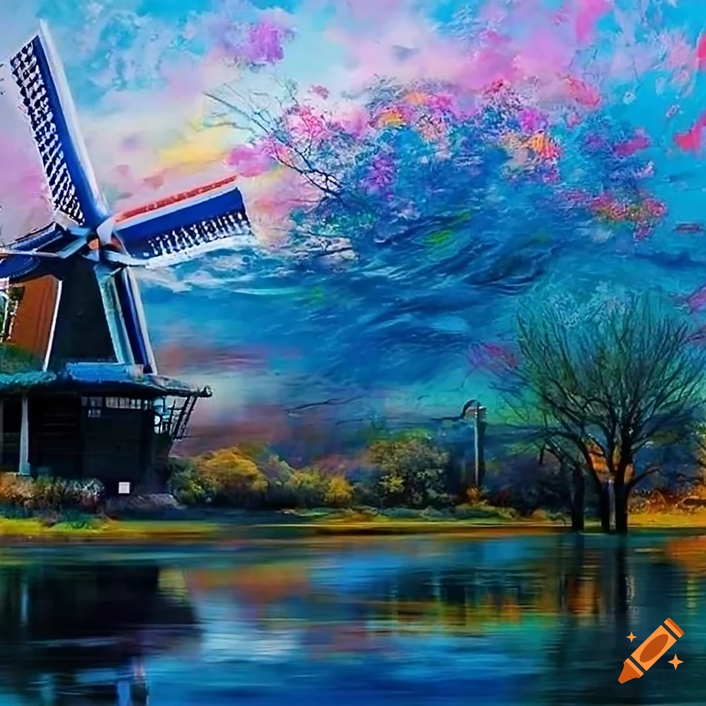 Intricate digital artwork of dutch windmills in winter scenery