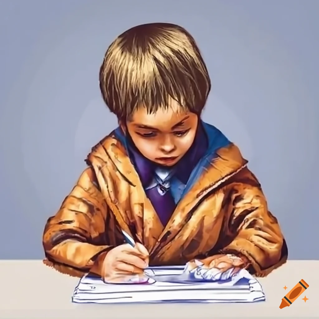 Child writing at school desk on craiyon
