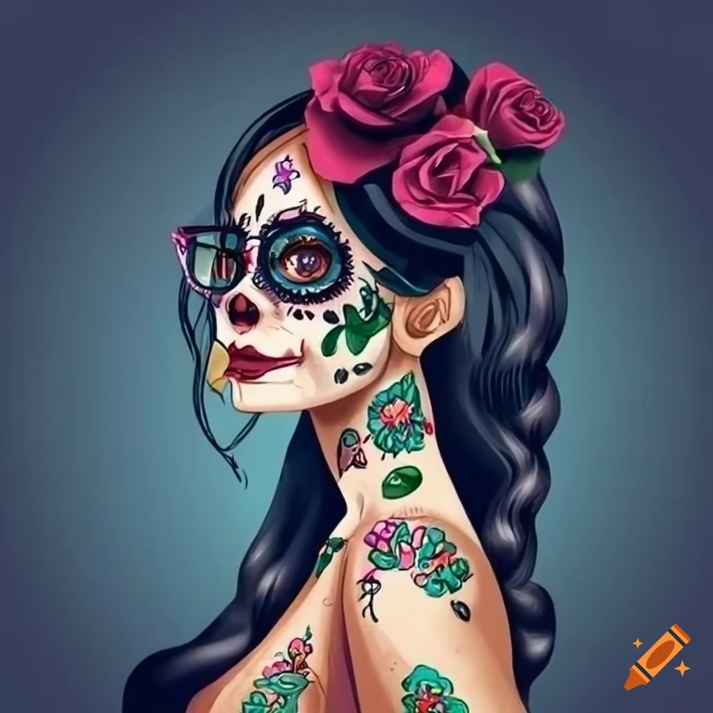 Tattooed Day of the Dead Sugar Skull Girl White Greeting Card by Jeff  Bartels