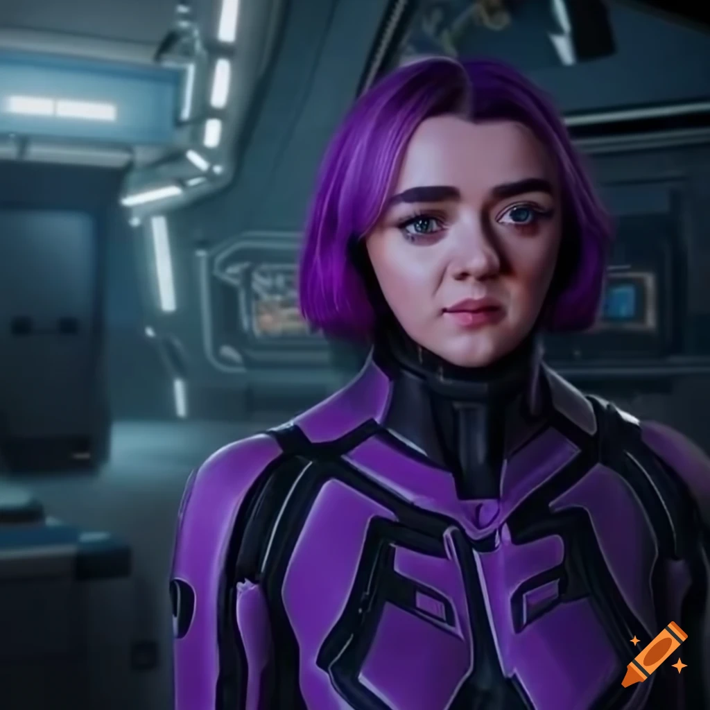 Maisie williams as a purple-haired sci-fi girl holding the uk flag