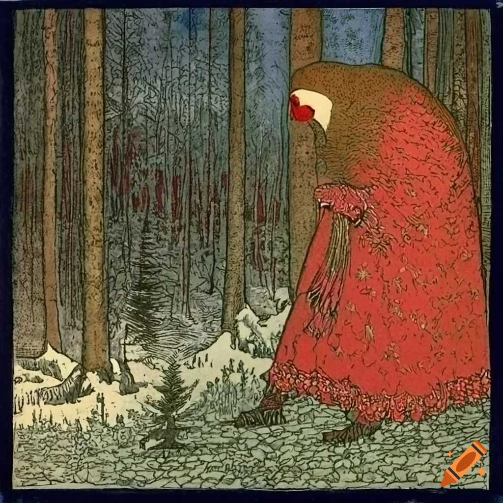 illustration of a forest scene with Native Salish and Russian fairytale motifs