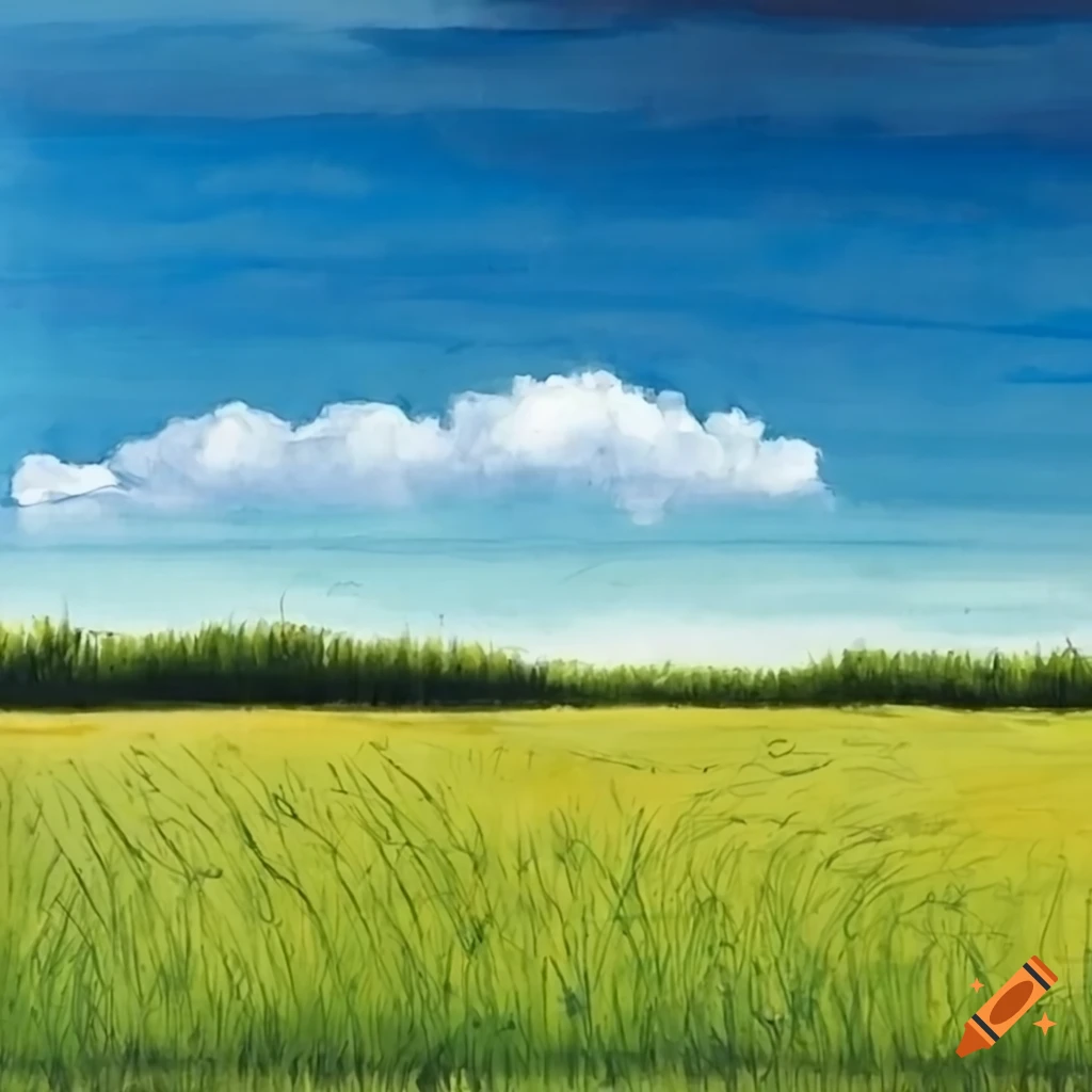 Painting of a field under a blue sky