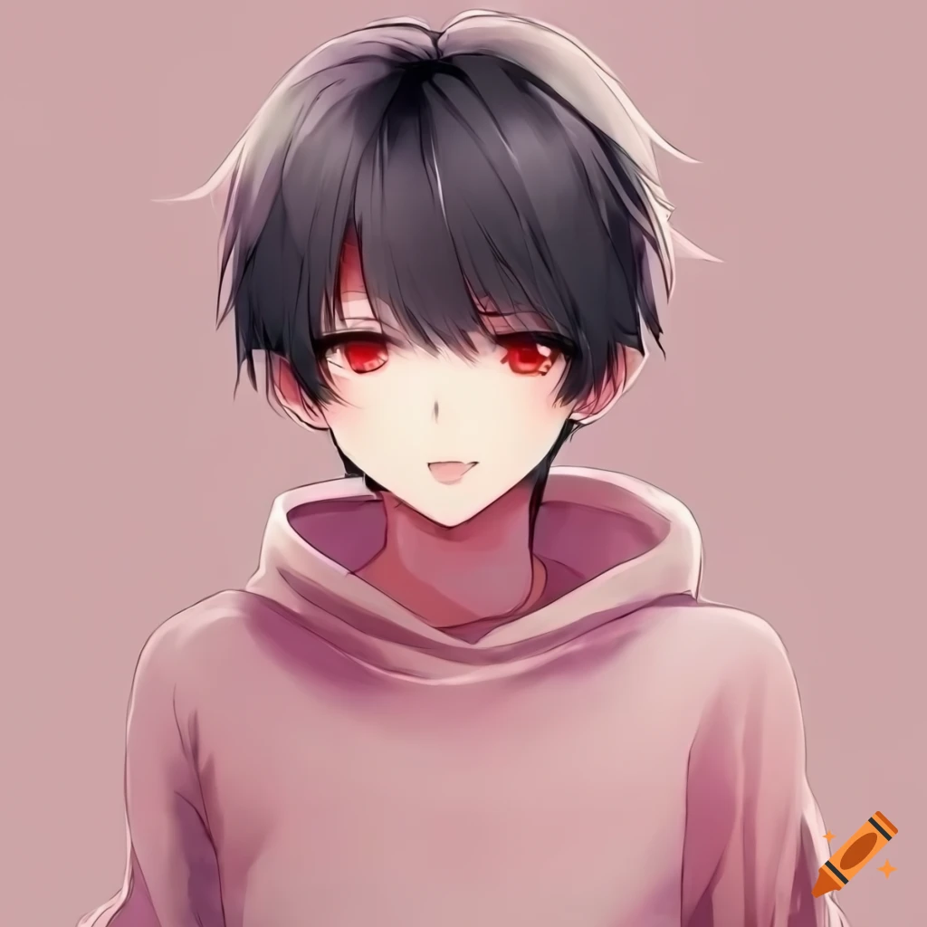 cute anime boy with pink sweater and red eyes