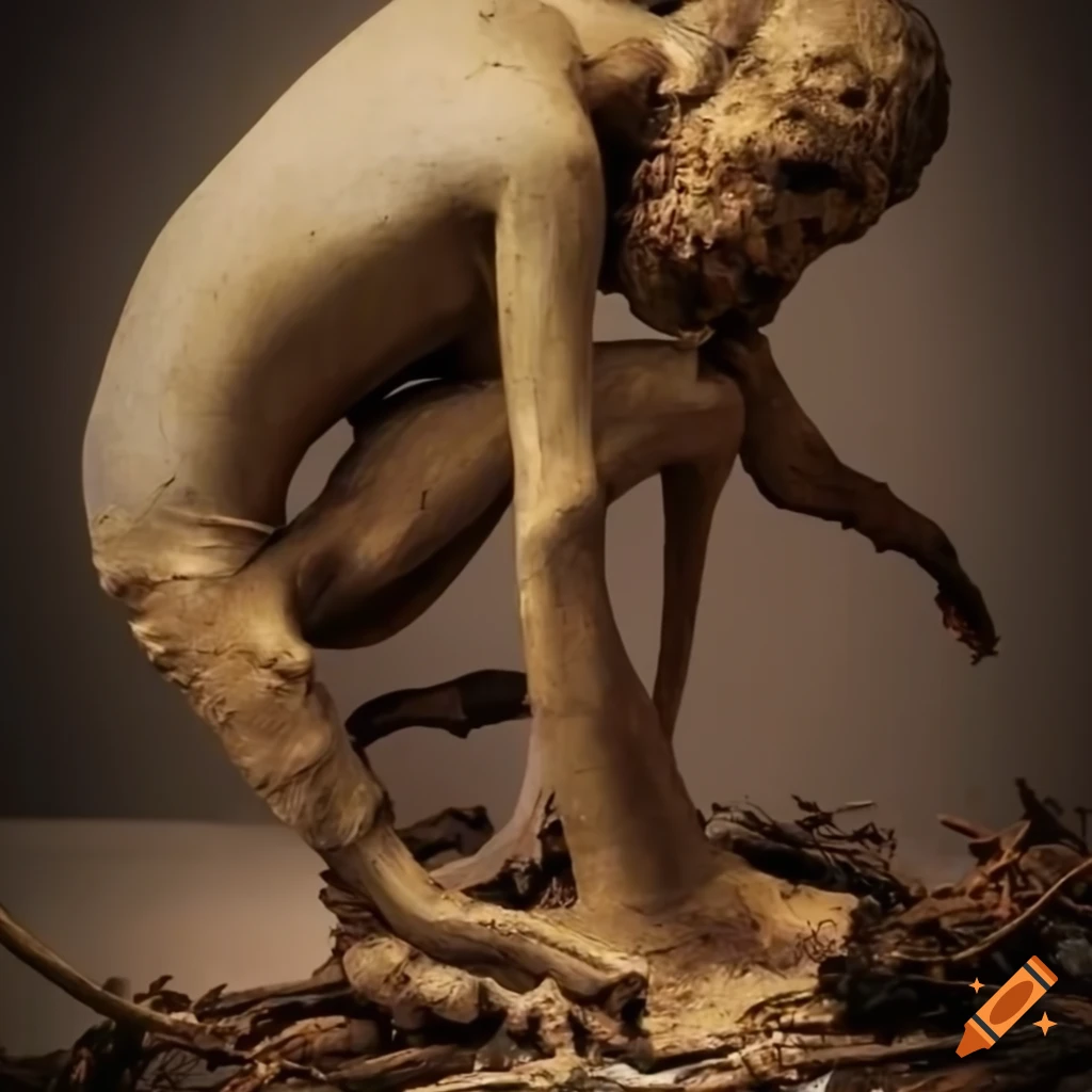 sculpture of distorted figure caught in a web of junk