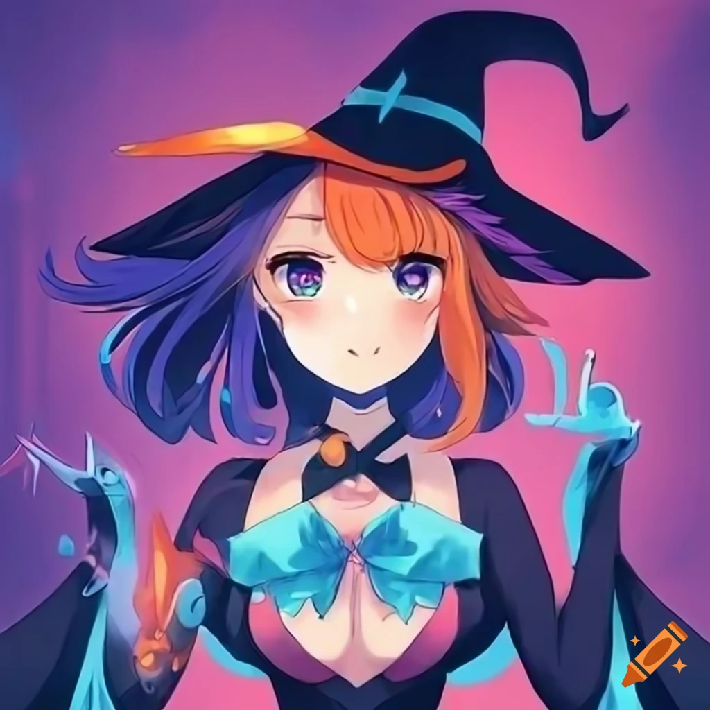 retrowave anime witchgirl in blue and orange