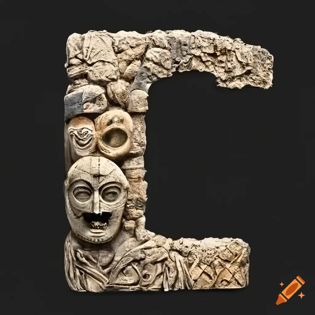 ultra-realistic stone letter 'M' with Etruscan masks