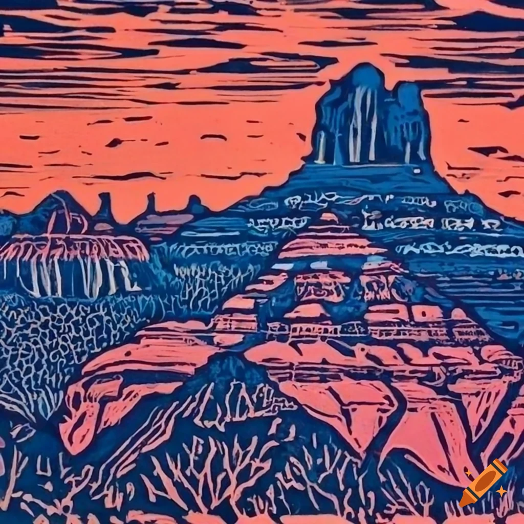 Linocut print of a scene in sedona, arizona on Craiyon