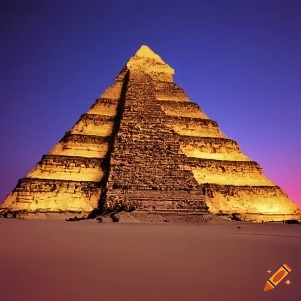 nighttime view of a pyramid with a long pillar