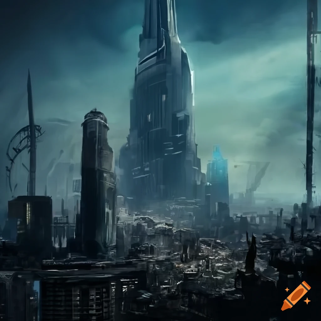 Image of a futuristic giant tower in a post-apocalyptic city