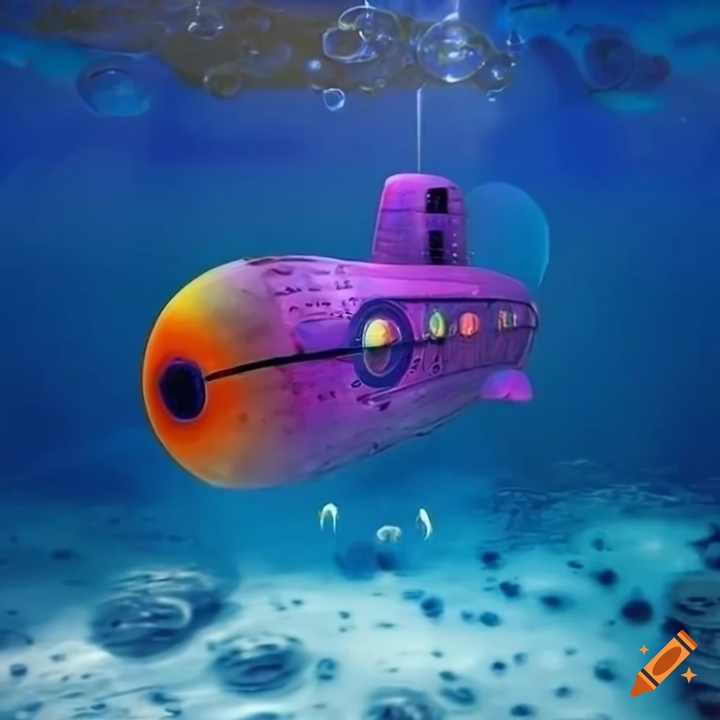Colorful artwork of a submarine under the sea