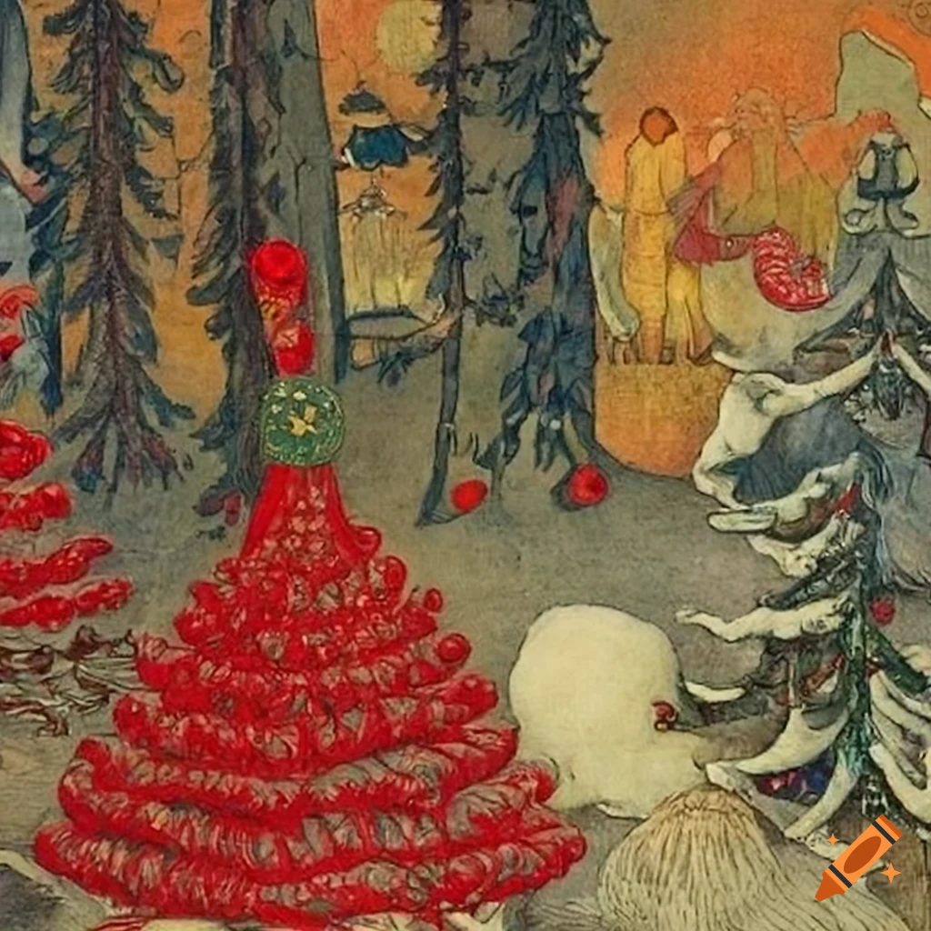 festive Christmas forest illustration with Native Salish and Russian fairytale motifs