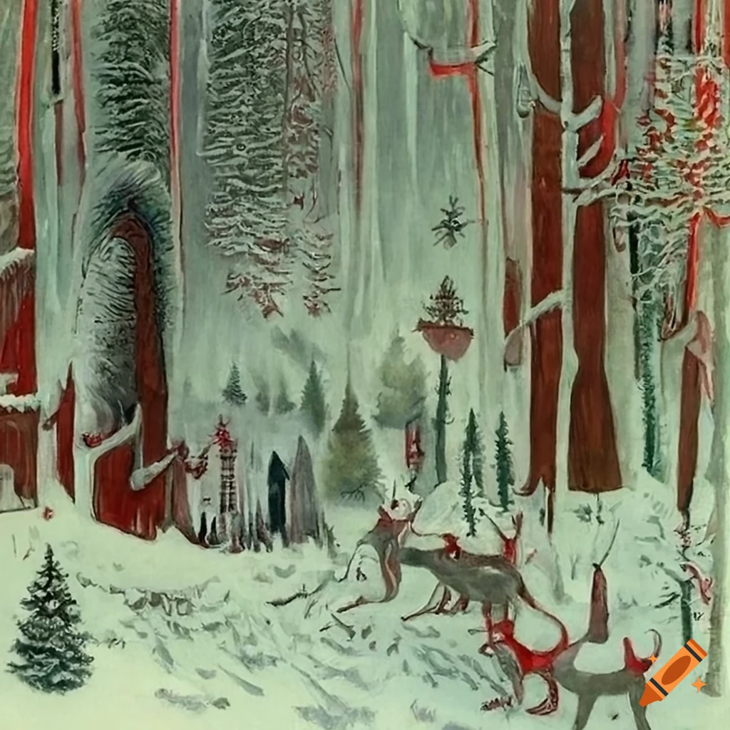 festive Christmas forest illustration with Native Salish and Russian fairytale motifs