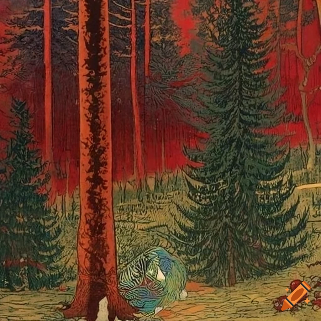 illustration of a forest scene with Native Salish and Russian fairytale motifs