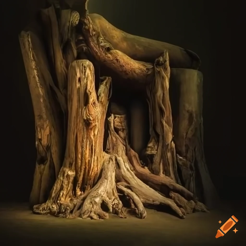 Dramatic upside down sculpture of rotten trees in old masters style