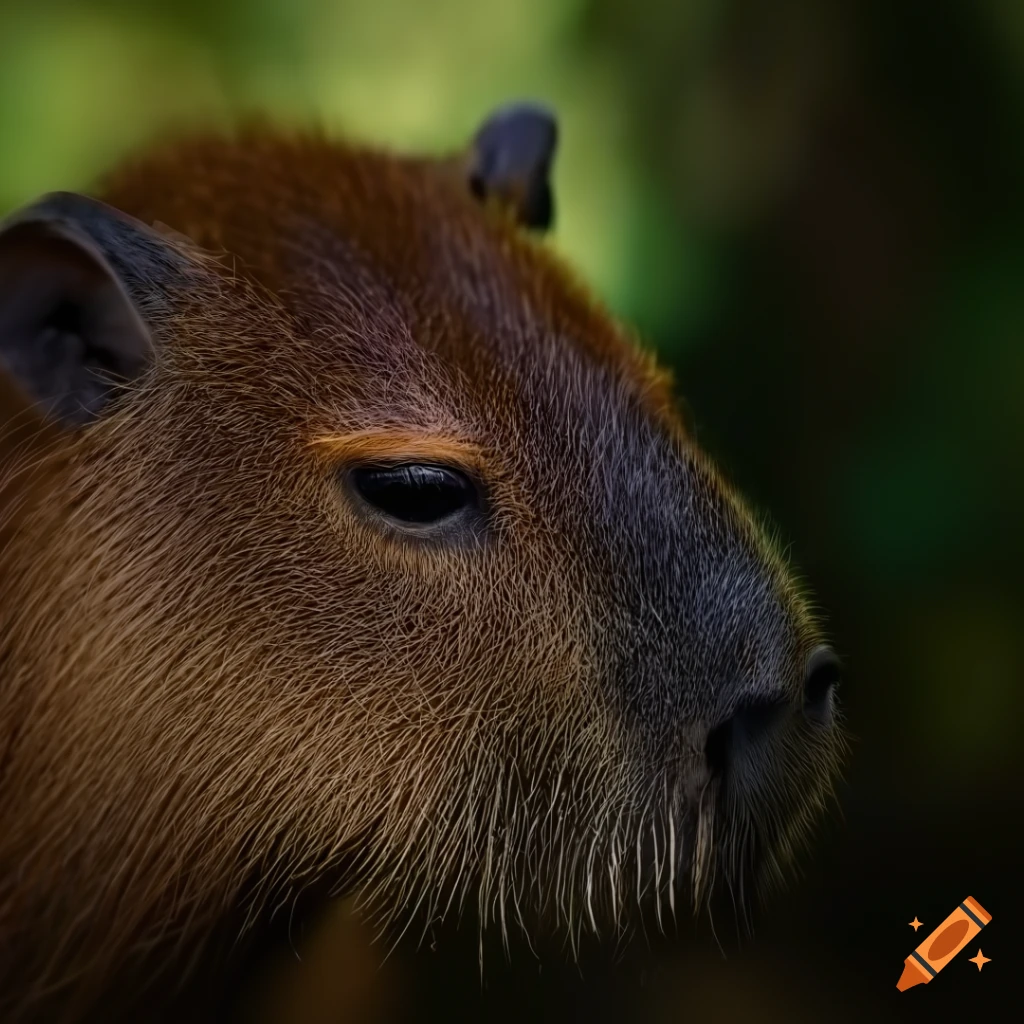 photorealistic depiction of a capybara surrounded by dark palm fronds
