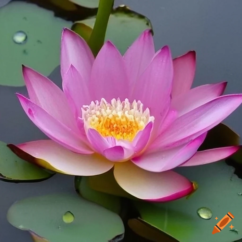 Realistic lotus with dew drops in a pond on craiyon