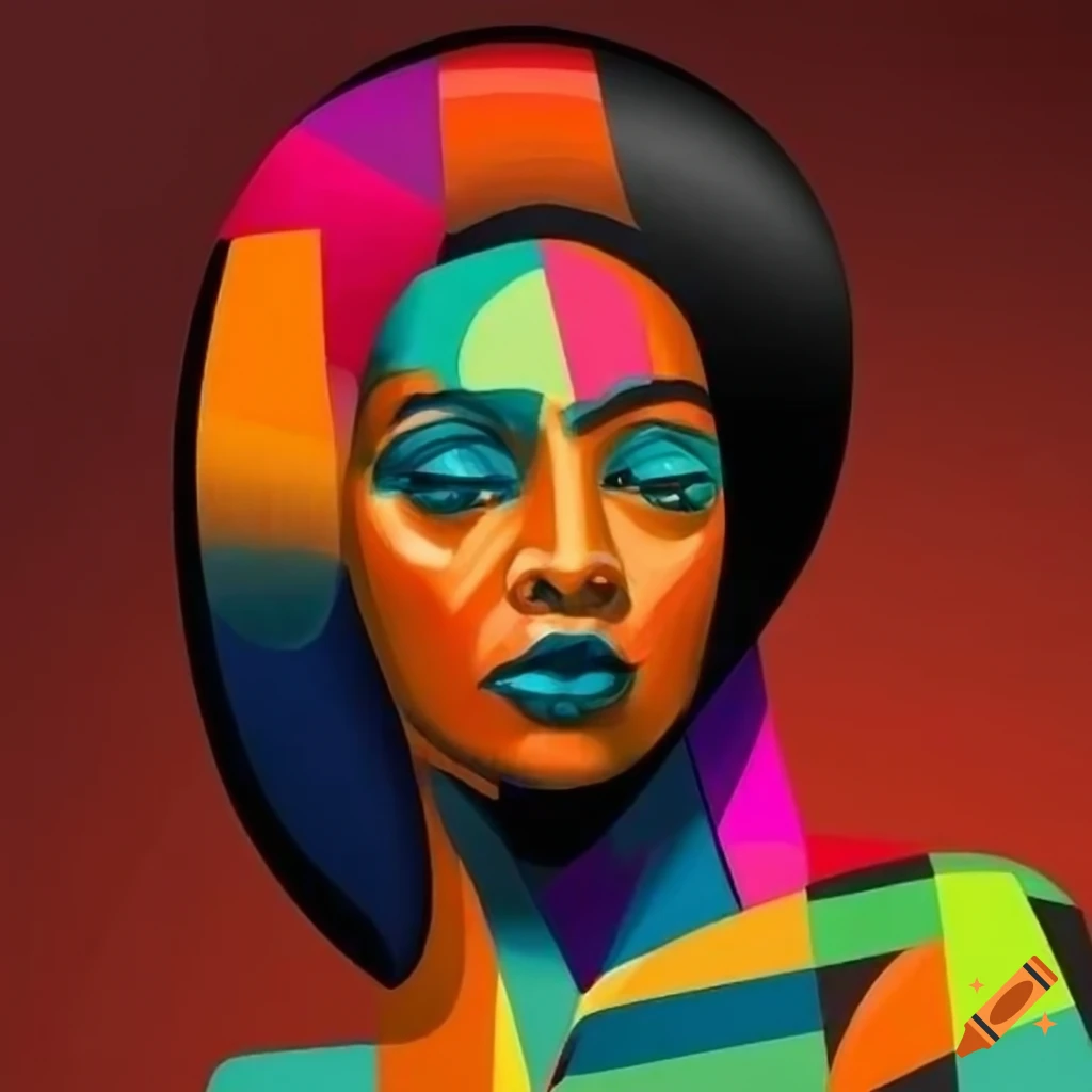 Cubist painting of a black woman with bright colors