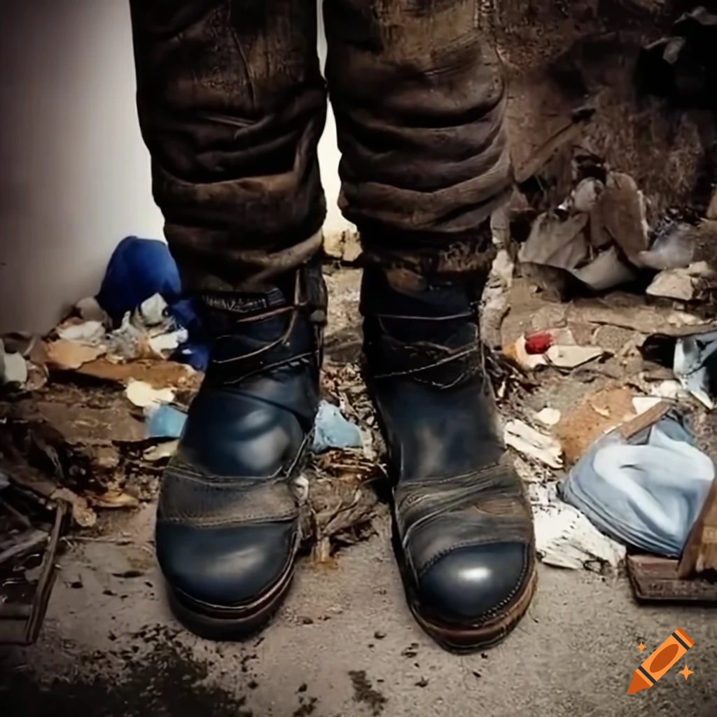 Photorealistic depiction of men's feet in work boots stepping on trash