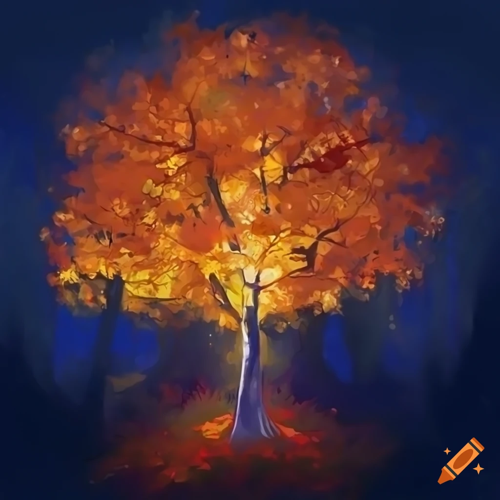 Digital painting of a glowing autumn tree at night