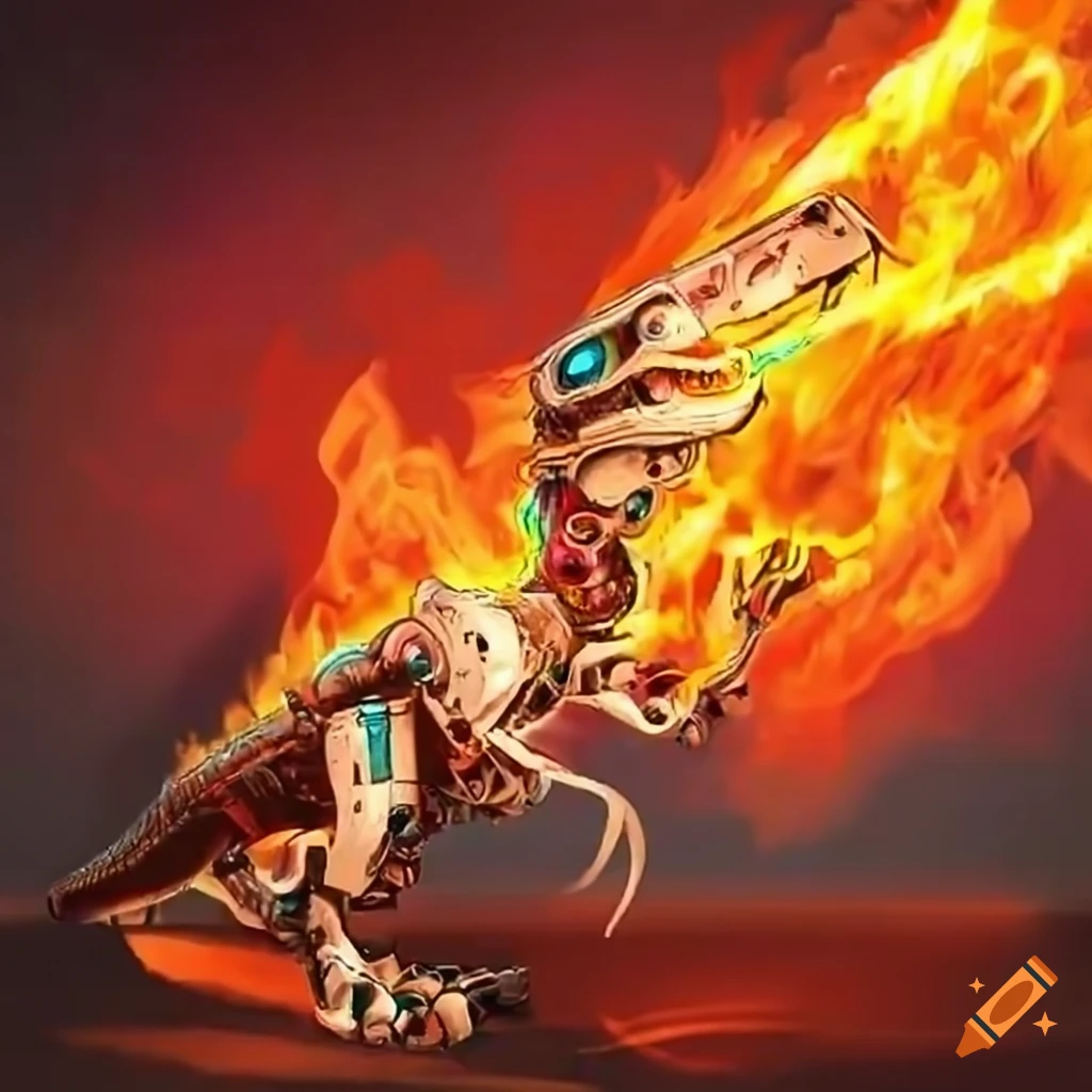 Mechanical velociraptor with flame throwers