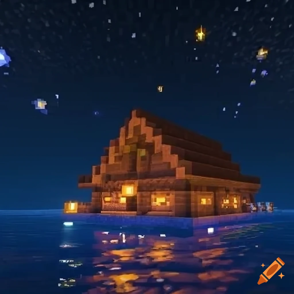Minecraft cabin by the ocean with glowing torches