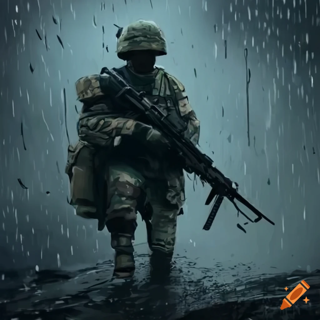 soldier standing in the rain