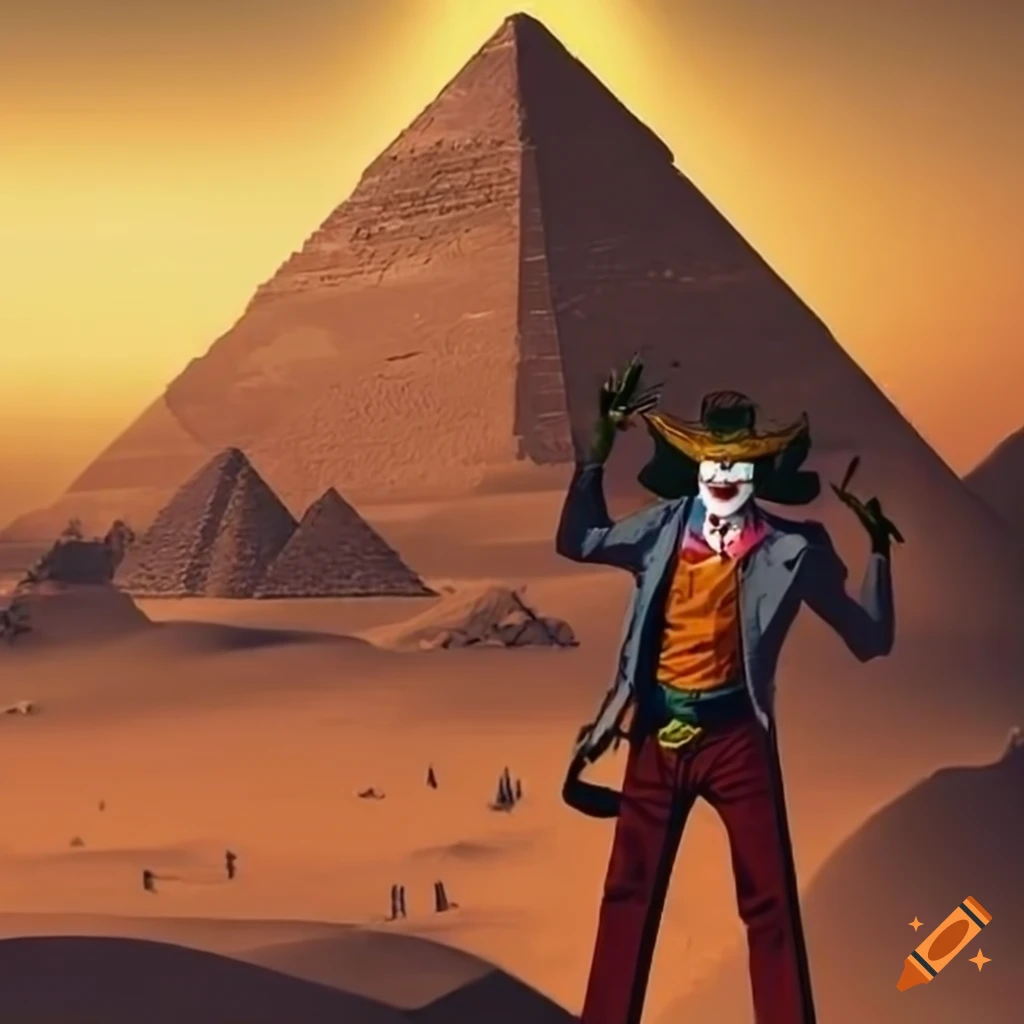 joker cowboy in the desert with pyramids
