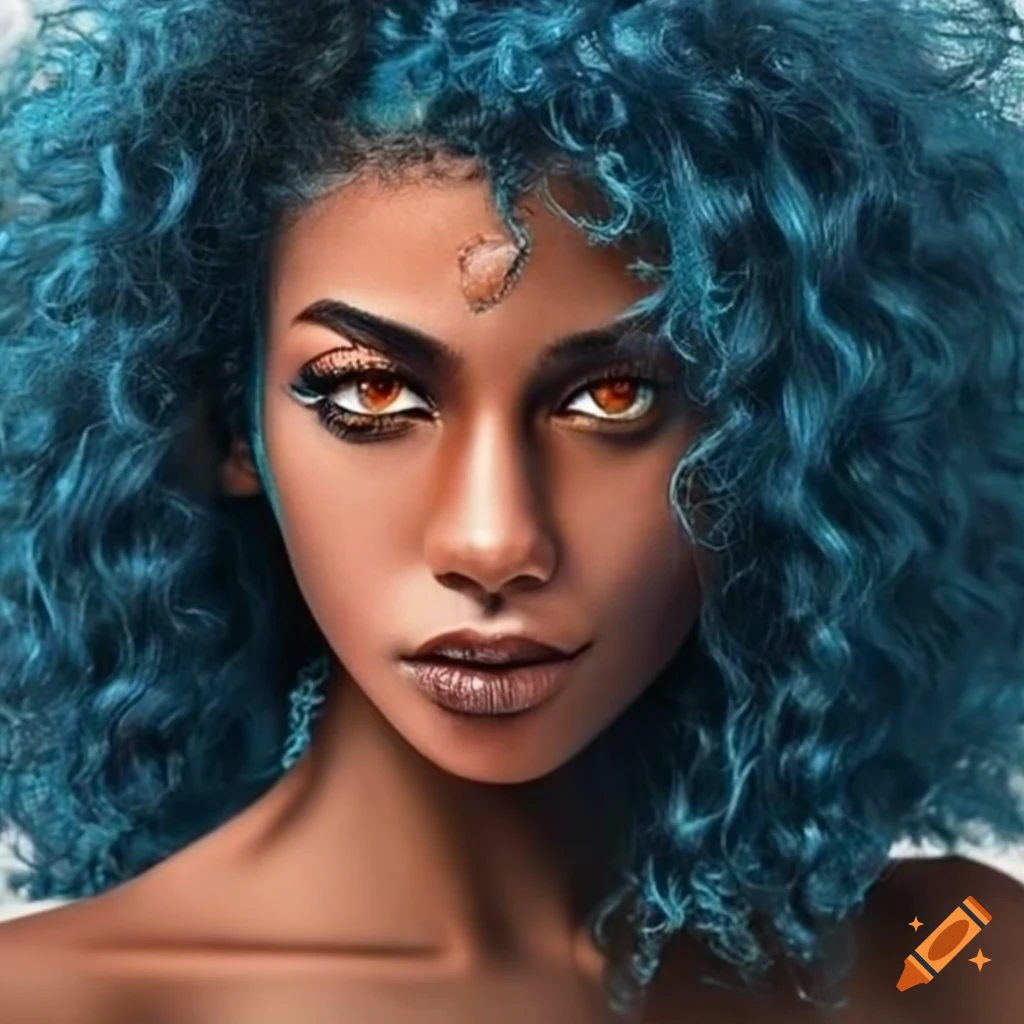 Portrait Of A Woman With Dark Blue Curly Hair And Amber Eyes