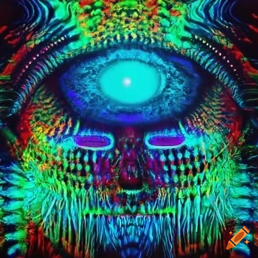 blacklight artwork of an eye with DMT patterns