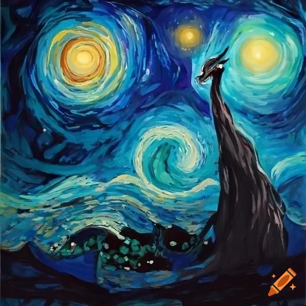 painting of a dragon in starry night style
