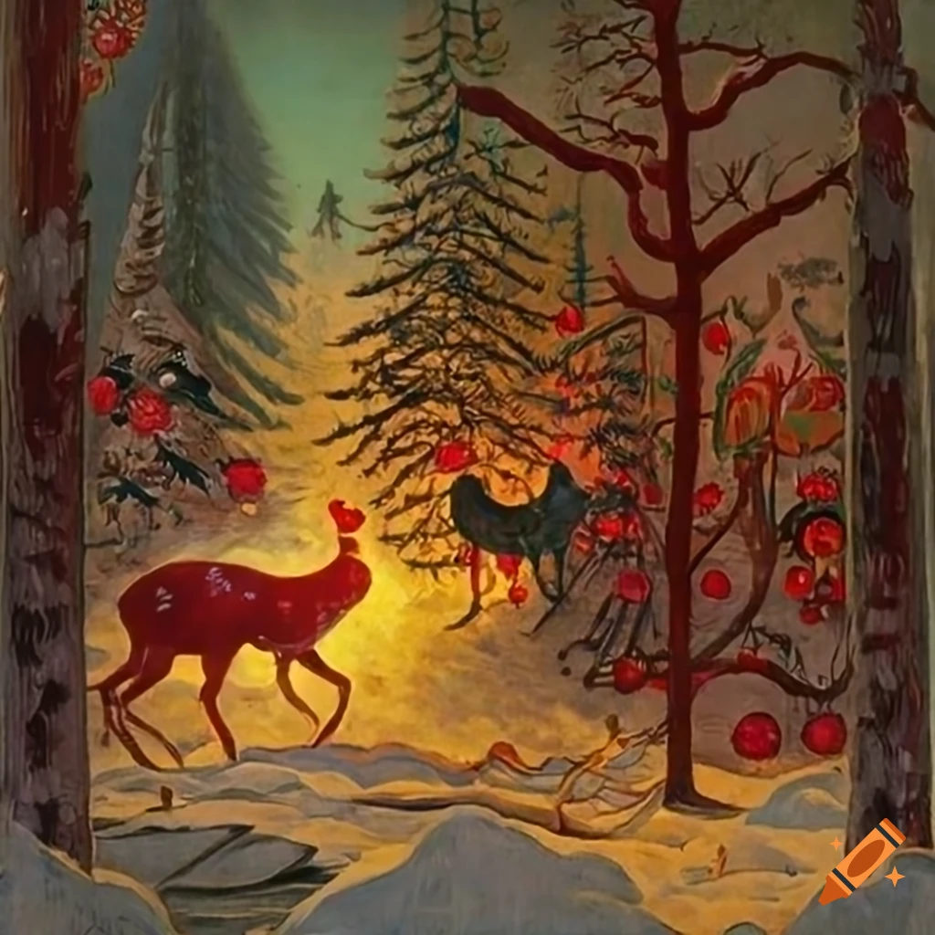 festive Christmas forest illustration with Salish and Russian motifs