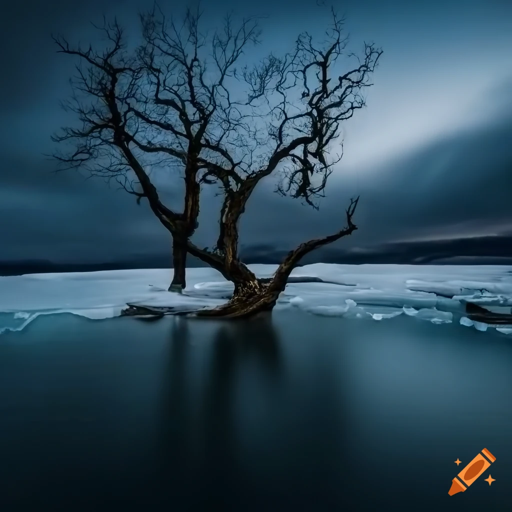 photograph of a dead oak tree on a frozen lake