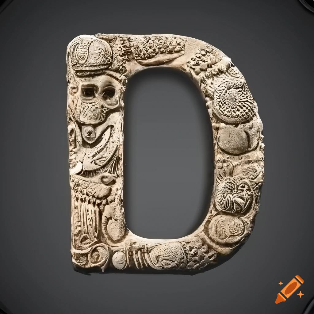 ultra-realistic stone letter "C" with Etruscan masks