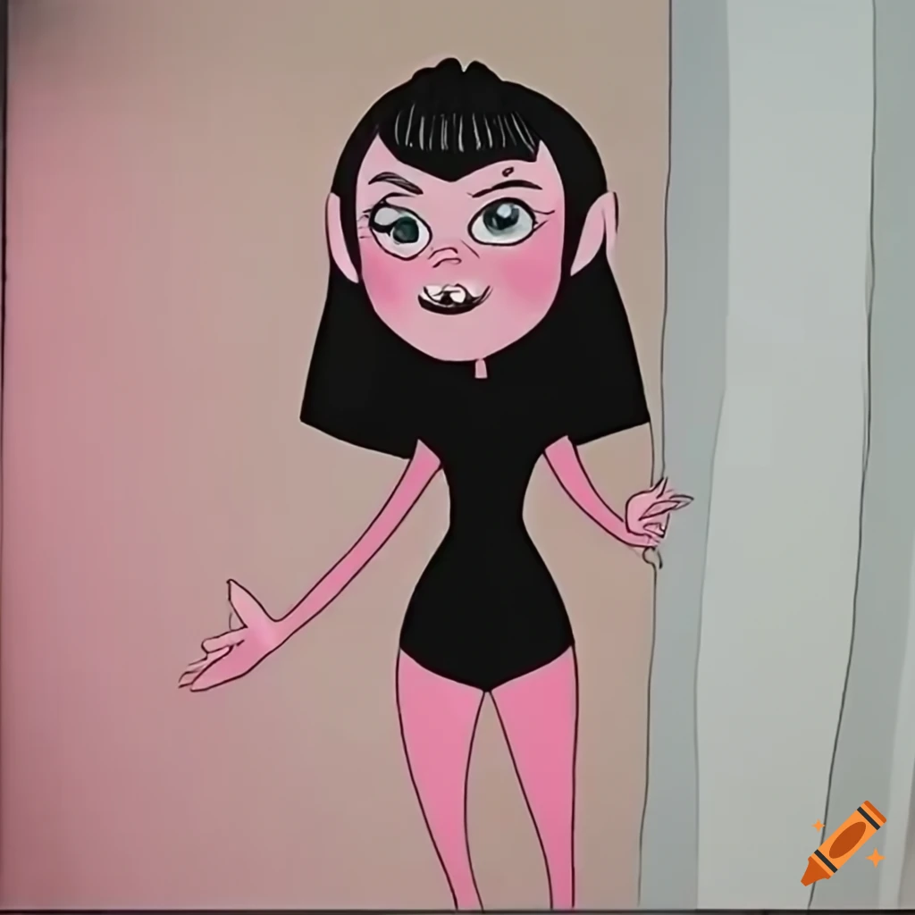 Mavis dracula in a pink old one-piece swimsuit on Craiyon