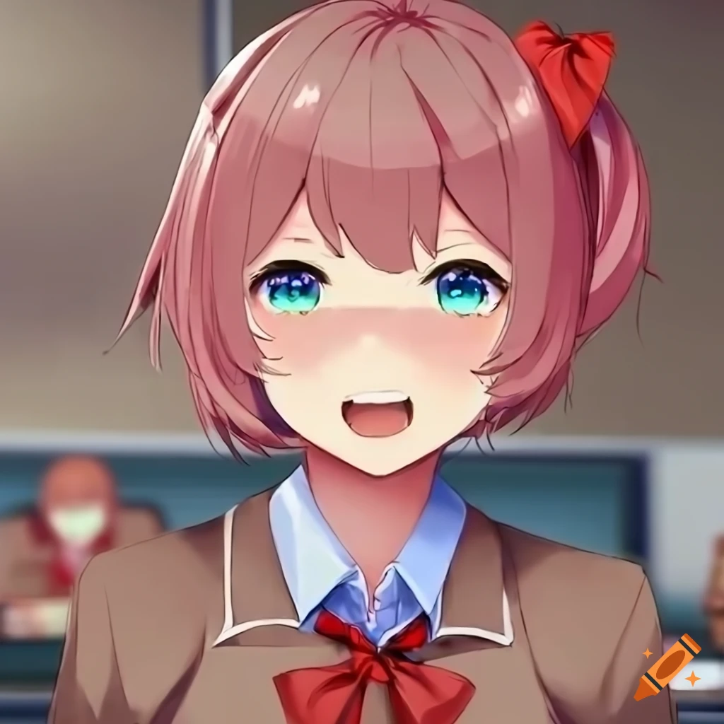 anime schoolgirl with pink hair wearing a red bow