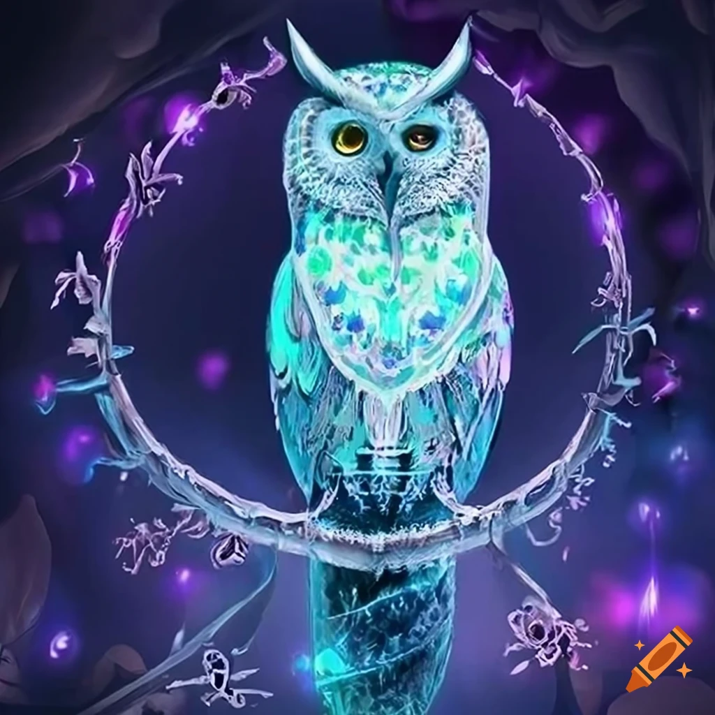 surreal owl with metallic lace and neon eyes
