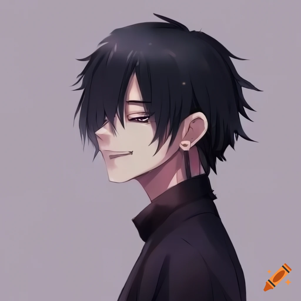 smiling anime guy with black hair and crown