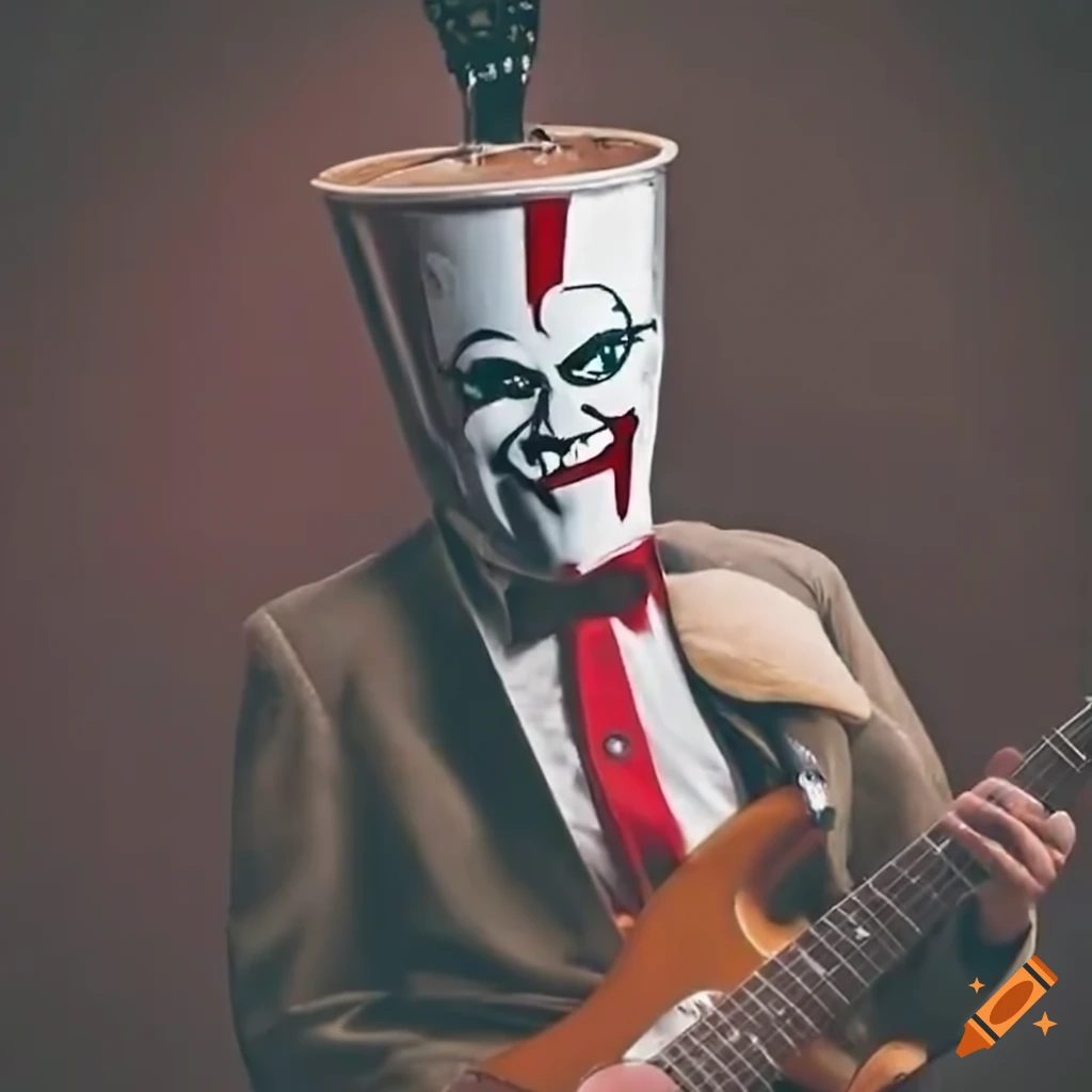 Funny guitarist wearing a white mask and a kfc bucket