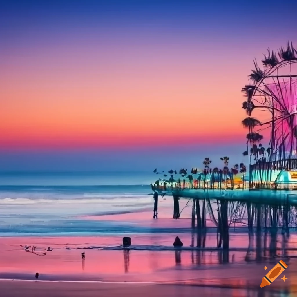 Oil painting of santa monica beach with ferris wheel