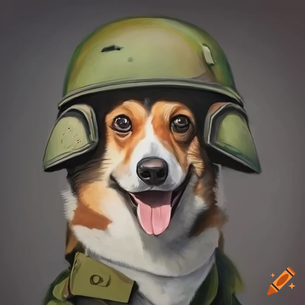 hyper realistic portrait of a corgi wearing an army helmet