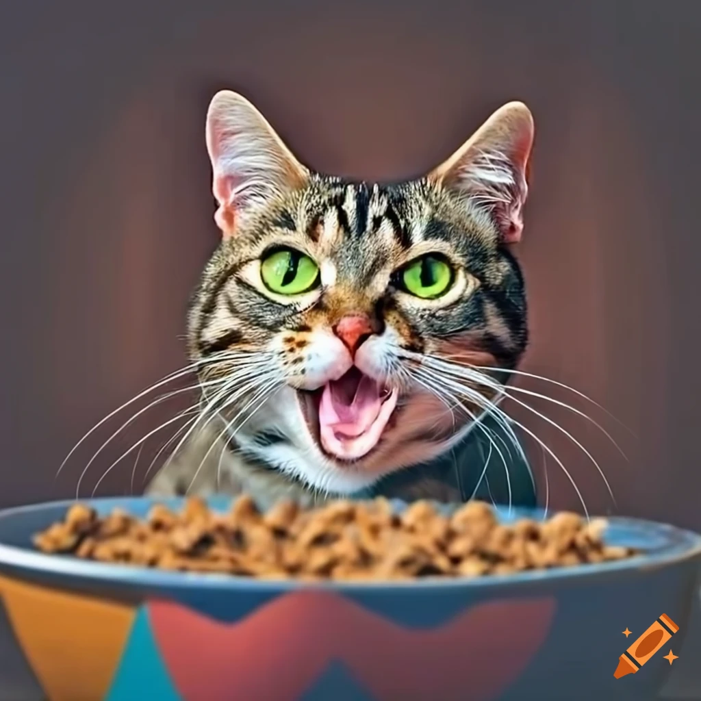 Smiling cat behind a bowl of kibble on Craiyon